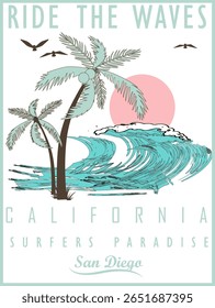 Cópia arquivada em 15 de julho de 2013 "California Surfers Paradise graphic for t-shirts" . Apresenta palmeiras, ondas do oceano e um pôr do sol em San Diego. Perfeito para design de impressão gráfica para surf e viagens. Aproveite a vida na praia.