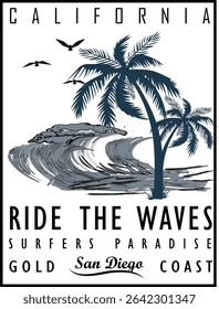 California Surfers Ride The Waves Vintage Beach Art.
 Black and white California surf scene with palm trees, waves, and typography – perfect for surf culture lovers and apparel.