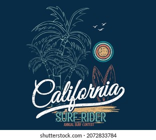 California surfing beach vintage graphics print design for t shirt and others. Palm tree vector artwork for apparel, poster, batch, sticker, and others.