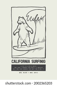 California surfing bear riding the wave. Vintage typography summer sports t-shirt print. Animal doing sports poster.