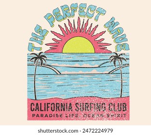 California surfing club. Beach paradise. Palm tree sketch. Tropical flower with beach design. Summer vibes graphic print design.