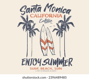 California surfing club. Surfing club graphic print design for t shirt. Beach hand sketch graphic design for t shirt print, poster, sticker, background and other uses. California, Santa monica.