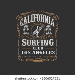California surfing  club los angeles vintage retro poster vector design