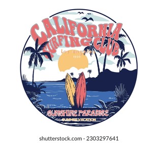 California surfing club print artwork. Surfing board graphic print design for t shirt print, poster, sticker, background and other uses. Summer vibes. Beach paradise artwork.