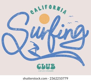 California surfing club print design. Beach vibes print design for t-shirt. Summer vintage typography artwork for poster, sticker and other. 