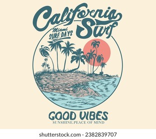 California surfing club. Summer good vibes Beach Paradise Print t shirt graphics design, typography slogan on palm trees background. Summer beach vibes. Beach summer time vintage print design.