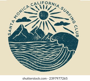 Club de surf de California. Slogan retro de vibraciones de verano bueno con ondas y obras de arte vectorial de sol. Impresiones de camisetas de olas de playa y otros usos. Montaña de playa. Diseño de impresión gráfica vintage de olas oceánicas.