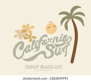 California surfing club. Sunshine surf print design. Beach Paradise Print t shirt graphics design, typography slogan on palm trees background. Ocean wave modern art. Summer beach vibes.