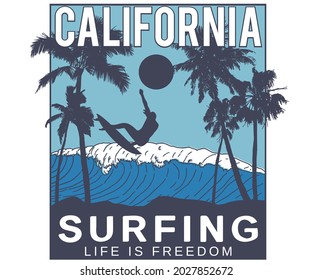 California surfing club vector artwork design. Life is freedom print for fashion and others. 