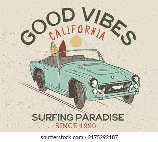 California surfing club vector artwork for apparel, stickers, posters, background and others. car trip. Good vibes vintage vector design. Holliday road trip by vehicle.