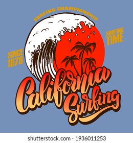 California surfing. Emblem template with sea waves and palms. Design element for poster, card, banner, sign, emblem. Vector illustration