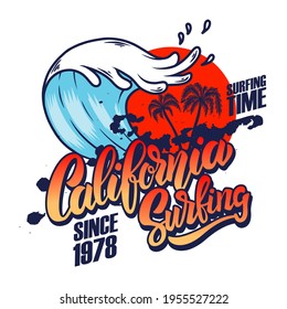 California surfing. Emblem template with waves and palms. Design element for poster, card, banner, sign, emblem. Vector illustration
