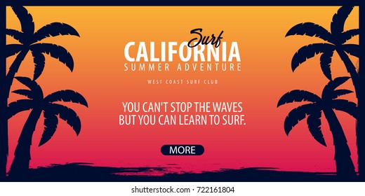 California Surfing graphic with palms. Surf club Vector banner