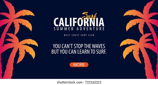 California Surfing graphic with palms. Surf club Vector banner
