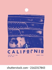 California surfing lonely surfer on the beach. Distressed minimalistic surfing illustration silkscreen t-shirt print vector illustration.