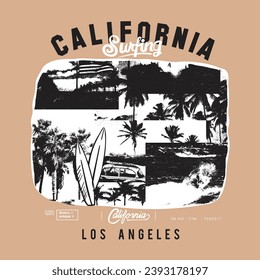 California surfeando Los Ángeles, beach vibes trabajo original de arte vectorial, slogan de verano con ilustración de playa, Hawaii, tipógrafo de surf Aloha. Material gráfico de impresión vectorial de palmeras de buena calidad de verano, 