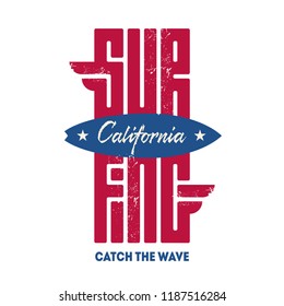 California Surfing - original tee shirt graphics, vector. t-shirt design or print with lettering and surfboard silhouette.