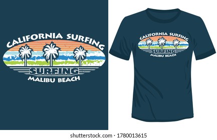 California surfing with palm trees vector modern t-shirt illustration design, California Malibu Beach surfing t-shirt design 