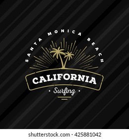 California Surfing. Palms and sun design for t-shirt print, postcard or poster. Vector illustration.