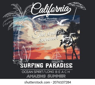 California surfing paradise vector t shirt design. Palm tree with colorful sky artwork for apparel, poster, background, men, women, girl, boy, sticker and others.  