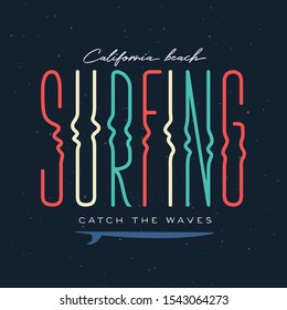 California surfing related trendy t-shirt apparel design. Catch the waves quote and typography composition. Vector illustration.