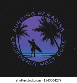 California surfing related trendy t-shirt apparel design. Surfer silhouette with board standing in the water of the beach at sunset. Vector illustration.