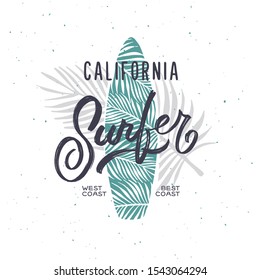 California surfing related trendy t-shirt apparel design. West coast best coast quote and hand made typography composition. Vector illustration.