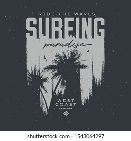 California surfing related trendy t-shirt apparel design. Ride the waves quote and typography composition. Vector illustration.