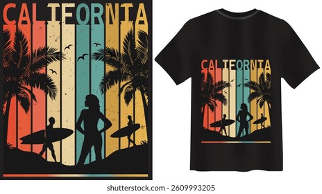 California surfing retro vintage t shirt design with colorful stripes, palm trees, and surfer silhouettes. Ideal for summer vibes, beachwear, and coastal lifestyle themes.