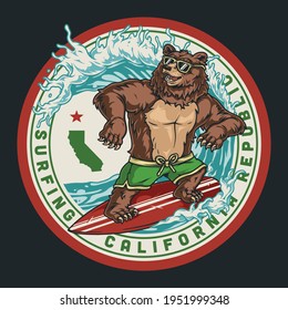 California surfing round vintage label with funny bear in sunglasses and shorts riding big wave isolated vector illustration