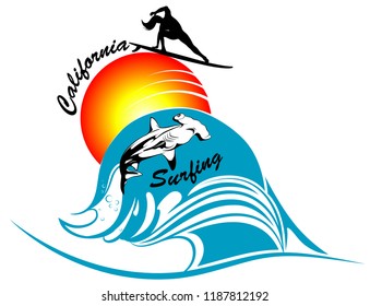 California surfing shadow with hammerhead shark and sunset background