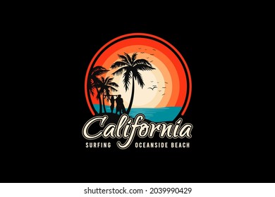 California surfing, silhouette retro vintage style