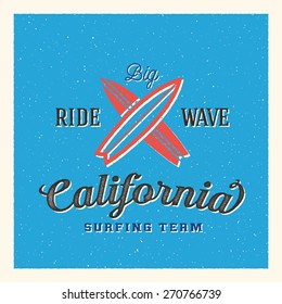 California Surfing Team Abstract Vector Label or Logo Template with Retro Textures. Good for Posters, T-shirt Prints etc.