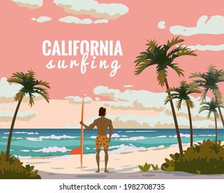 California surfing. Tropical beach summer resort, seashore sand, palms, waves. Surfer van with surfboard. Ocean, sea exotical beach landscape, clouds, nature. Vector illustration retro, vintage