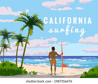 California surfing. Tropical beach summer resort, seashore sand, palms, waves. Surfer van with surfboard. Ocean, sea exotical beach landscape, clouds, nature. Vector illustration