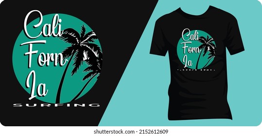 California surfing with tropical palm silhouettes, stylish t-shirts and trendy clothing designs with lettering, and printable, vector illustration designs.