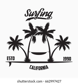 California surfing typography for design clothes, t-shirt with palm trees, hammock and surfboard. Graphics for print product, apparel. Vector illustration.