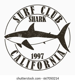 California, surfing - typography for design clothes, t-shirt. Graphic print with shark for apparel. Surf club stamp with grunge. Vector illustration.