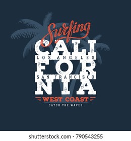 California Surfing typography. T-shirt design, graphics, stamp, label typography Vector illustration