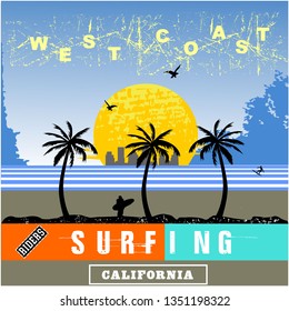 CALIFORNIA SURFING vector illustration/T-shirt design graphic hand drawn typography/shirt print