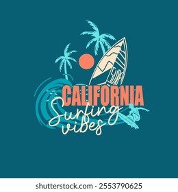 California Surfing Vibes retro beach sunset print graphic design