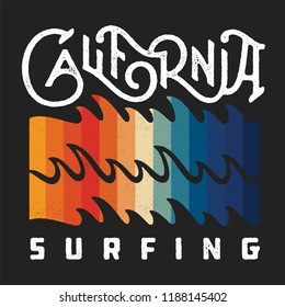 California Surfing Vintage Apparel Print Design. Retro Fashioned T Shirt Badge. Vector Illustration.