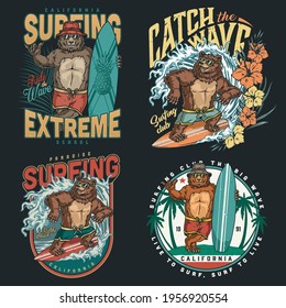 California surfing vintage colorful labels with funny bear riding wave and happy grizzly in panama hat and sunglasses holding surfboard and showing shaka sign isolated vector illustration