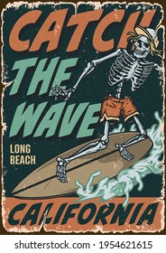 California surfing vintage colorful poster with inscriptions and skeleton in baseball cap and shorts riding wave vector illustration