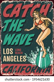 California surfing vintage poster with letterings and beautiful girl riding wave vector illustration