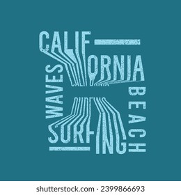California Surfing Waves Beach typography distorted text t shirt design