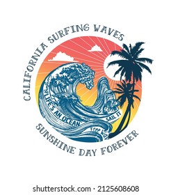 California surfing waves, sunshine day forever, typography slogan on sunset palm tree background , Beach theme vector illustrations, for t-shirt and other uses.