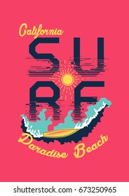 california surf,paradise beach,t-shirt print poster vector illustration