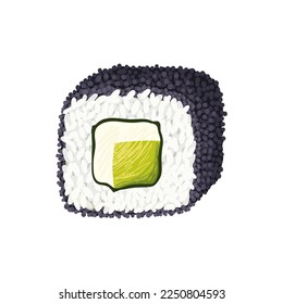 California sushi roll with avocado and cream cheese wrapped in rice and black caviar. Vector clipart.