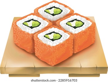 California Sushi roll set on wooden plate, sliced sushi roll with salmon, oil paint style, digital paint, on white background. Asian food, japanese food, casual food hand drawn digital illustration.